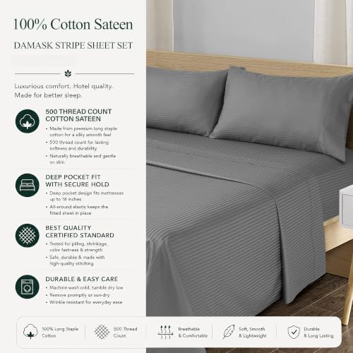 Feather & Stitch 100% Cotton Sateen 500 TC Split King Size Bed Sheet Set - Image 6