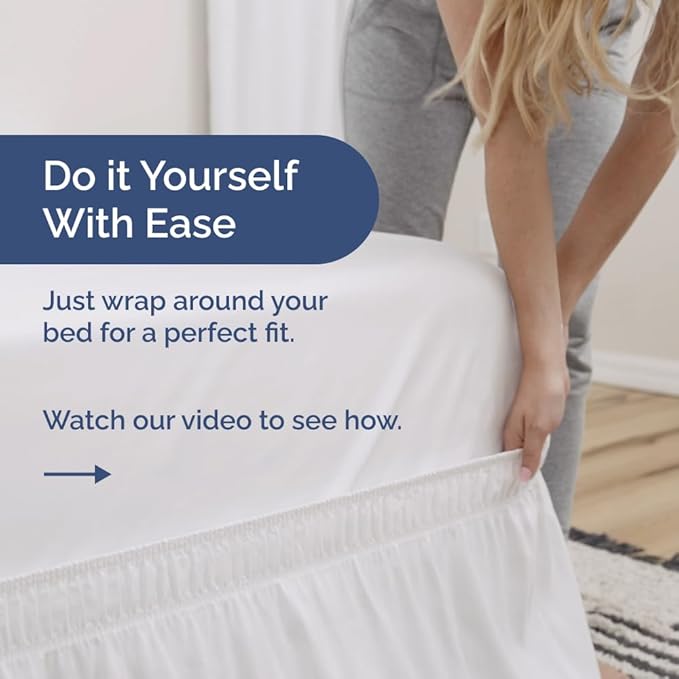 Wrap Around Dust Ruffle Bed Skirt - White - for Twin Size Beds w/ 14 Inch Drop - Easy Fit Elastic Strap - Adjustable Pleated Bedskirt w/Brushed Fabric, Wrinkle & Fade Free Women, Men, Kids & Teens