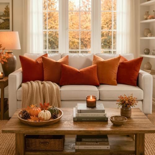 MIULEE 24x24 Inch Pack of 2 Euro Fall Velvet Pillow Covers Burnt Orange - Image 4