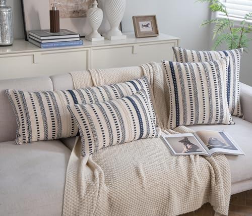 Cethom Navy Blue Boho Lumbar Pillow Covers 14x36 Long, Stripe Textured - Image 4