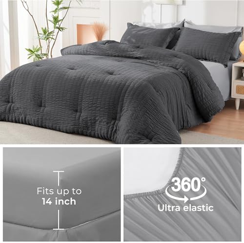 HYMOKEGE Dark Grey/Light Grey Oversized Queen Comforter Set Seersucker 7 Pieces - Image 6