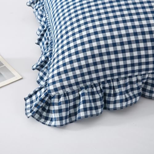 Mywinlle Navy Blue Gingham Plaid Ruffle Throw Pillow Covers 20"x20" - Image 6