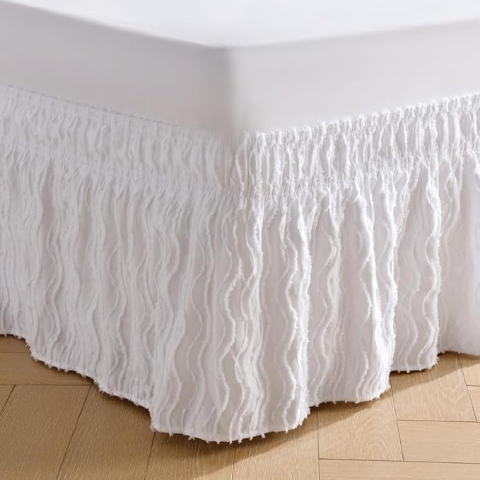 MIYE Wavy Tufted Bed Skirt - Wrap Around Dust Ruffle with Elastic Belts - 18 Inch Drop Easy to Put On - Bedskirt Machine Washable ＆ Wrinkle Resistant(Wavy/White, King/Queen-18 Drop)