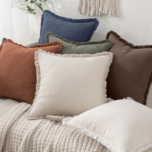 MIULEE Boho Linen Fringe Decorative Fall Pillow Covers Reddish Brown 18x18 - Image 6