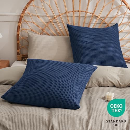PHF Cotton Waffle Throw Pillow Covers 24"x24", Bright Navy Blue, No Insert - Image 2