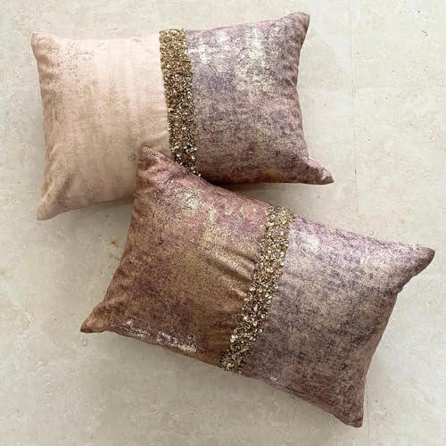 Pack of 2 Decorative Lumbar Pillow Cover Ivory & Gold, Sequins Embroidered - Image 5