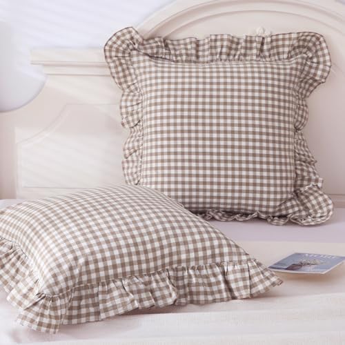 Mywinlle Taupe Plaid Gingham Ruffle Decorative Throw Pillow Covers 18"x18" - Image 2