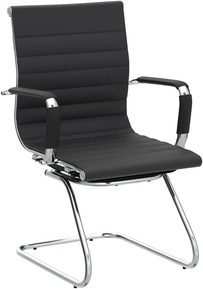 Wahson Office Guest Chairs Set of 2, Leather Reception Chairs, Mid Back Waiting Room Chair, Conference Chairs with Sled Base, Desk Chair No Wheels for Meeting/Lobby/Restroom, Black
