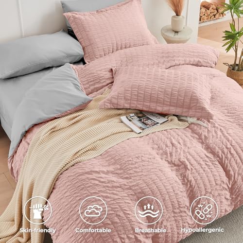 HYMOKEGE Rose Gold/Light Grey Full Size Comforter Sets Seersucker 7 Pieces - Image 3
