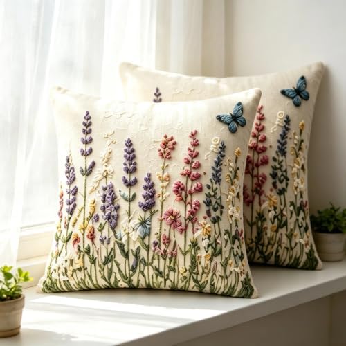 2D flat Wildflower Butterfly Linen Throw Pillow Covers 18x18 Set of 2 - Image 4