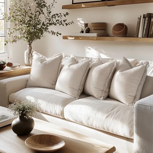 MIULEE Fall Linen Fringe Pillow Covers Set of 4 18x18 Neutral Beige - Image 4