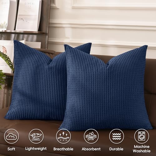 PHF Cotton Waffle Throw Pillow Covers 24"x24", Bright Navy Blue, No Insert - Image 3