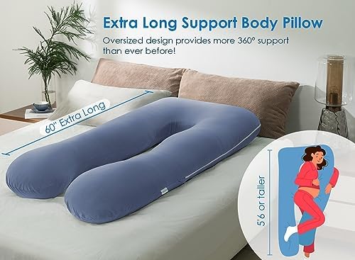 QUEEN ROSE 60 Inch Cooling U Shaped Pregnancy Body Pillow, Silky Blue Cover - Image 2