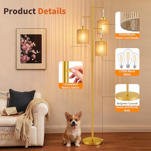 Hotsonic 72" Boho Rattan Tree Floor Lamp, Tall Dimmable Industrial Standing Lamp, Corner Decor Accent Lighting for Living Room, Bedroom, Dining Room, Nursery, Cafe (3 x 800LM Bulbs Included) - Gold - Image 5