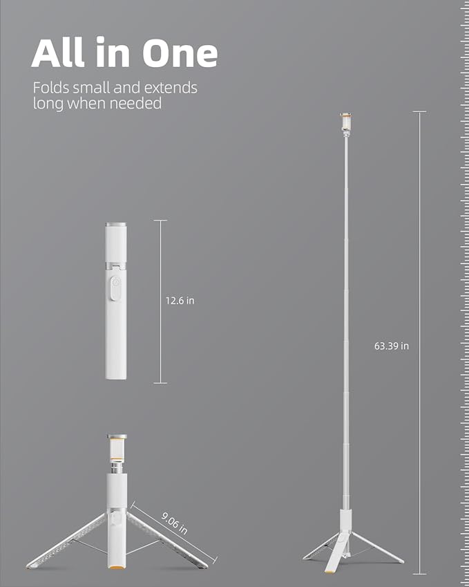 TODI 63" Phone Tripod, Extendable Selfie Stick with Wireless Remote and Phone Holder, Portable All-in-1 Cell Phone Tripod Stand for Video Recording, Compatible with iPhone/Android (White)