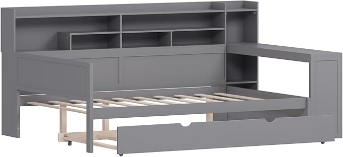 Merax Full Size Corner Bed Frames with Desk and Trundle & Storage Shelves Headboard, Pinewood U-Shaped Captain Daybed for Small Room, Bedroom, Guest Room, Kids' Room, Grey