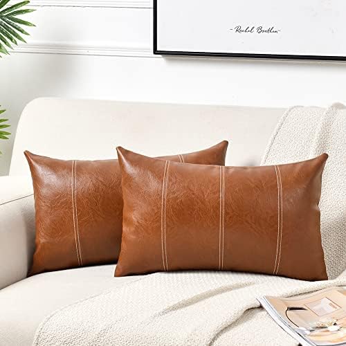 Fancy Homi Brown Boho Lumbar Faux Leather Decorative Throw Pillow Covers 16x24 - Image 2