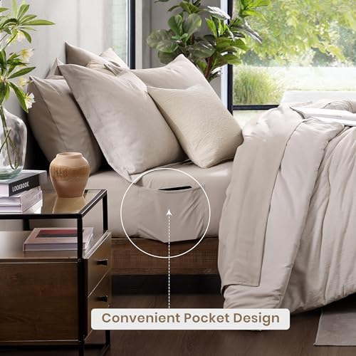 Monbix Full Size Comforter Set 7 Pieces Oatmeal Beige Bed in a Bag - Image 4