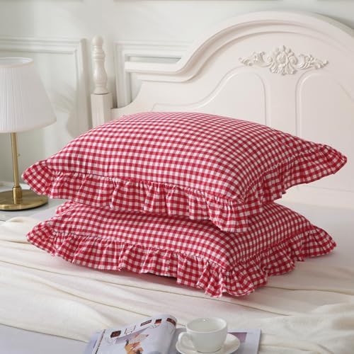 Mywinlle Red/White Plaid Gingham Pillow Shams King Size Set of 2 - Image 3