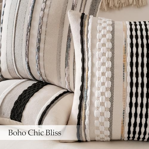 ANRODUO Boho Decorative Pillow Covers 18x18 Black-White Stripe Pack of 2 - Image 5