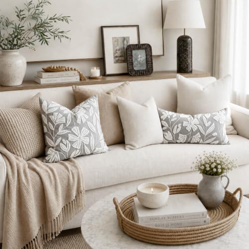 BlissBlush Throw Pillow Cover 20x20 Inch, Light Gray Floral Tufted Velvet - Image 3