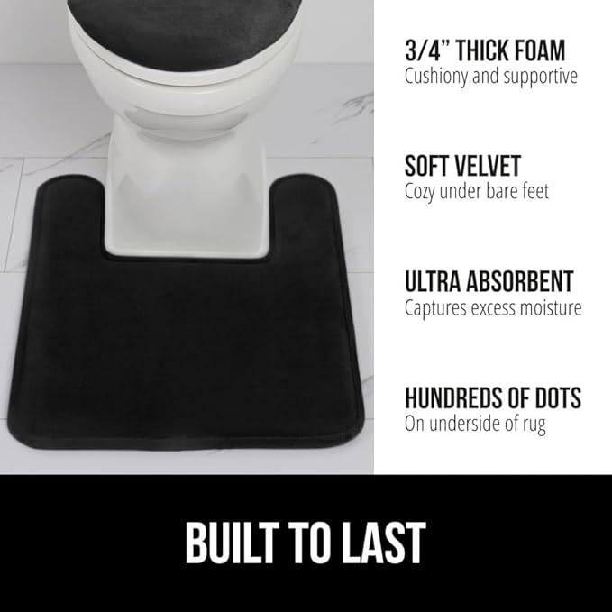 GORILLA GRIP Thick Memory Foam Toilet Rug for Bathroom, Square Shaped Washable, Soft Absorbent Velvet Topside Floor Mats, Machine Wash, Cushioned Luxury Rugs for Bath Room, 22.5x19.5, Black