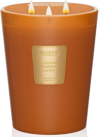M&SENSE Large Candles Caramel Pumpkin Latte Scented, 3 Wick Natural Soy Candles for Home Scented, 150H Long Lasting Slow Burn Jar Candle 35oz, No Toxic Aromatherapy Candle for Stress Relief