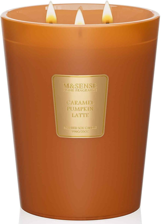 M&SENSE Large Candles Caramel Pumpkin Latte Scented, 3 Wick Natural Soy Candles for Home Scented, 150H Long Lasting Slow Burn Jar Candle 35oz, No Toxic Aromatherapy Candle for Stress Relief