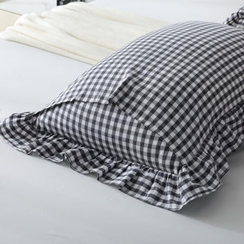 Mywinlle Black/White Plaid Gingham Ruffle Pillow Shams Queen Size 20"x30" - Image 5