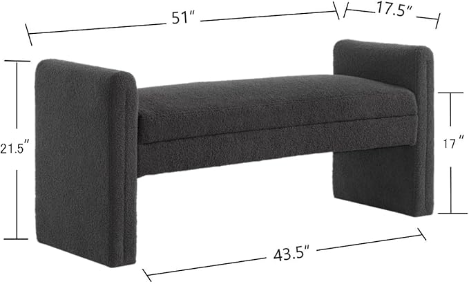 24KF Modern Upholstered Bed Bench Covered with Soft Boucle Teddy Fabric, Lovely Entryway Bench Ottoman with Armrest,5062-Dark Gray