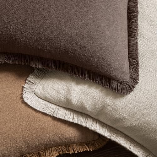 MIULEE Boho Linen Fringe Decorative Fall Pillow Covers Reddish Brown 18x18 - Image 4