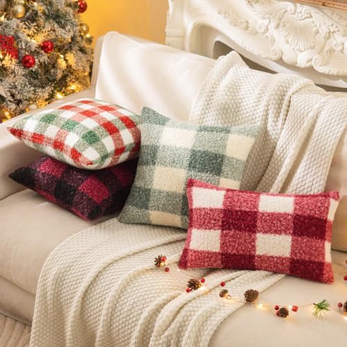 AQOTHES Red Green Plaid Christmas Throw Pillow Covers 18x18 Inch Set of 2 - Image 3