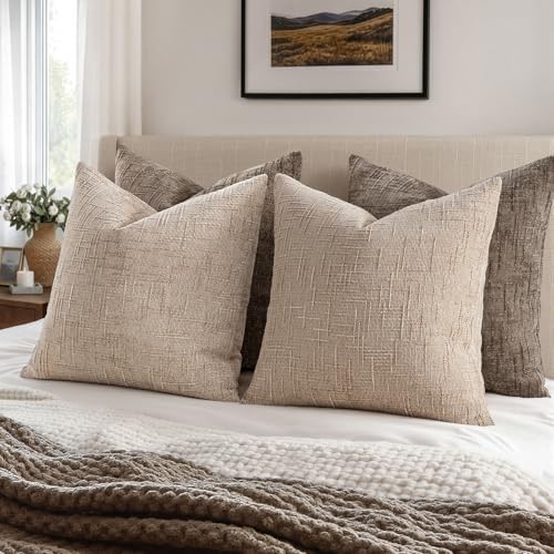 MIULEE Chenille Textured Euro Throw Pillow Covers Oatmeal 26x26 Set of 2 - Image 4