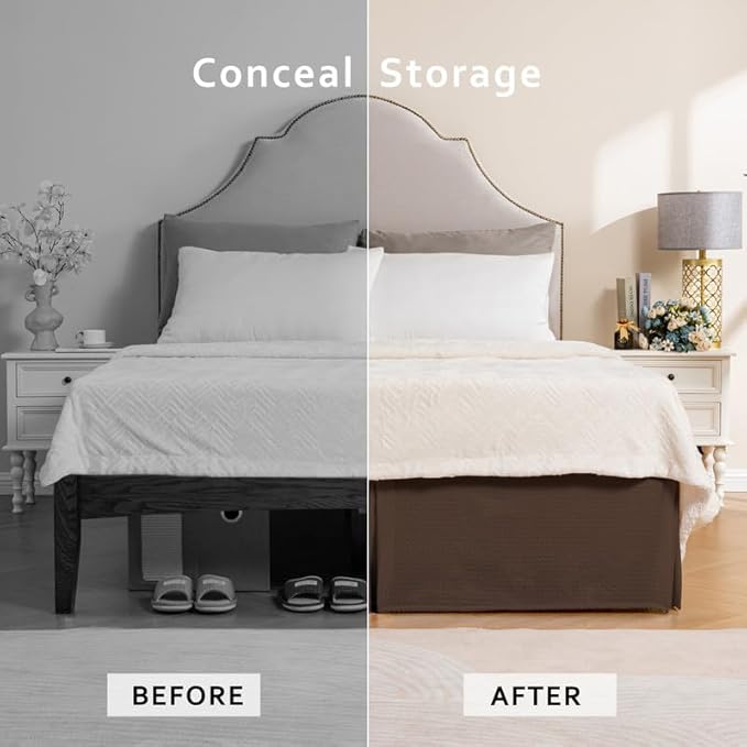 MIYE Pleated Waffle Weave Bed Skirt, Tailored Dust Ruffle 18 Inch Drop Easy Fit, Machine Washable (Brown, King - 18" Drop)