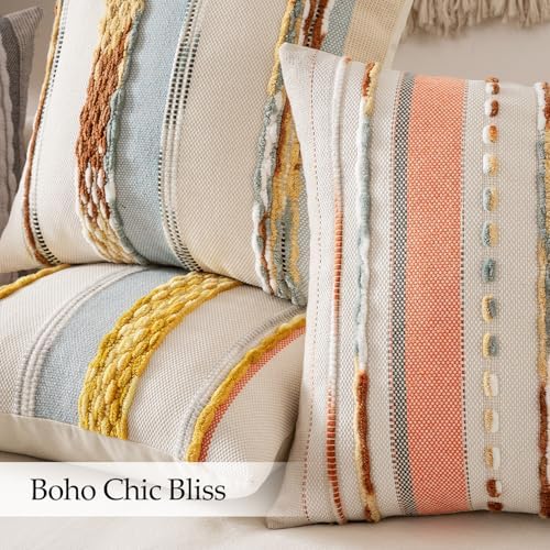 ANRODUO Boho Decorative Throw Pillow Covers Pink Stripe 18x18 Pack of 2 - Image 5
