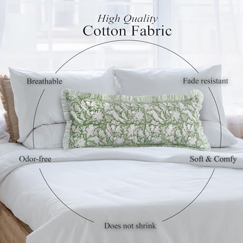 CPC Block Print Olive Green Ruffle Cotton Lumbar Pillow Cover 14x36 inch - Image 6