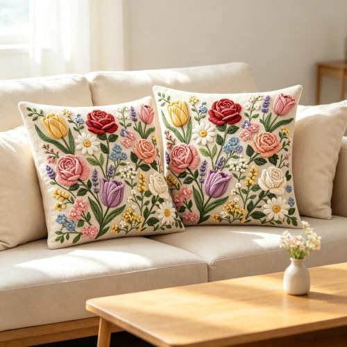 2D Flat Tulip Daisy Floral Bouquet Linen Throw Pillow Covers 18x18 Set of 2 - Image 3
