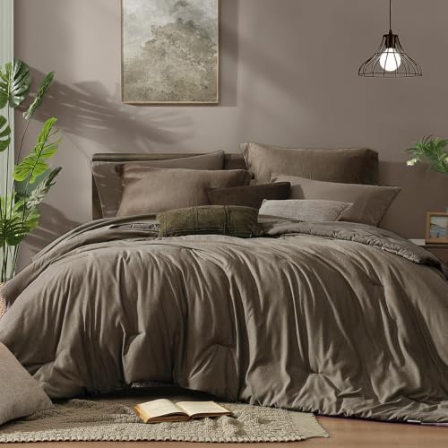 Monbix Queen Comforter Set 7 Pieces Cationic Dyeing Taupe Grey Bed in a Bag by Monbix