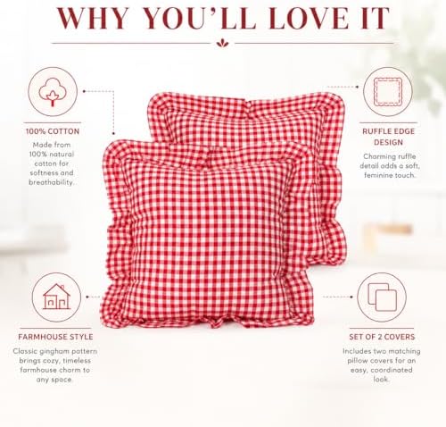 JoraLion Ruffled Throw Pillow Cover 20x20 Gingham Red - Image 5