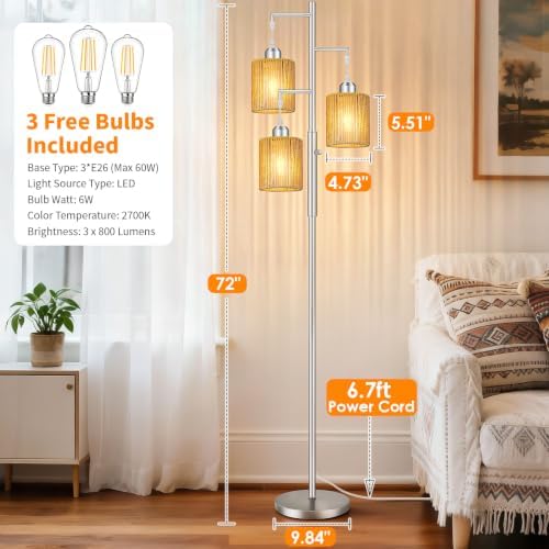 Hotsonic 72" Boho Rattan Tree Floor Lamp, Tall Dimmable Industrial Standing Lamp, Corner Decor Accent Lighting for Living Room, Bedroom, Dining Room, Nursery, Cafe (3 x 800LM Bulbs Included) - Silver - Image 5
