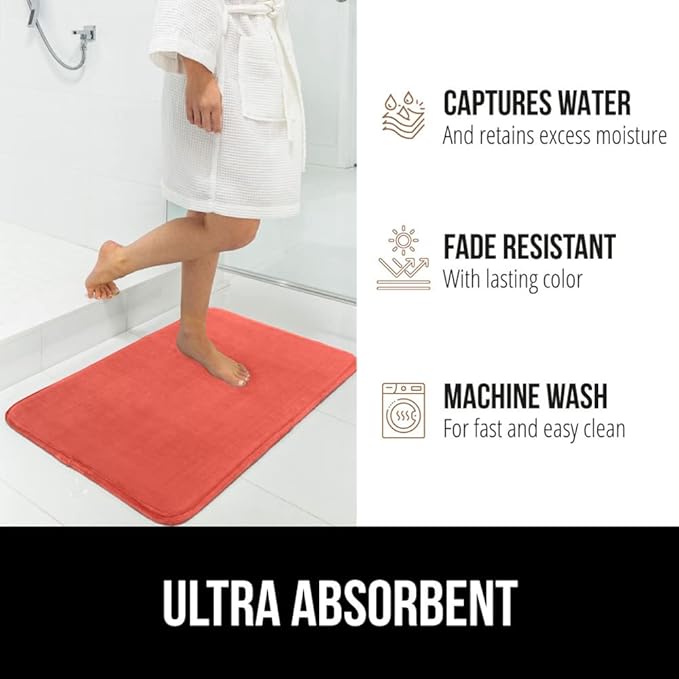 GORILLA GRIP Memory Foam Bath Mat, Soft Absorbent Velvet Bathroom Mats, Durable Dots on Underside, Machine Washable Bathmat, Carpet Rug Room Decor for Shower Tub Floor RV, 30x20 Rugs, Coral
