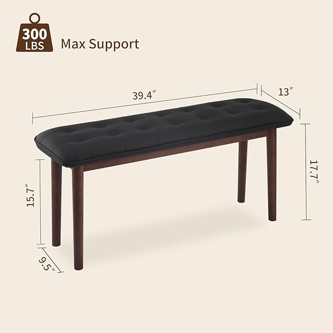 40'' Solid Wood Dining Bench with Cushion, Faux Leather Upholstered Bench for Dining Room Table, Kitchen, Entryway, or Bedroom End of Bed, Black