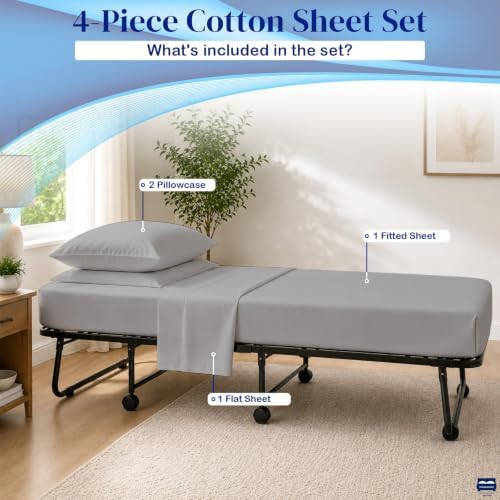 Cottingon 4 PC Cot Sheet Set 33"X75", Egyptian Cotton, Light Grey - Image 4