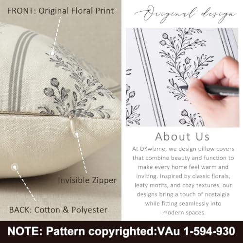 Vintage Throw Pillow Covers 16x16 Set of 2, Striped Floral Pillow Cover - Image 3