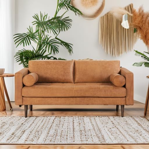 POLY & BARK Napa 72" Leather Sofa – Full-Grain Italian-Tanned Aniline Leather, Feather-Down Comfort, Solid Wood Frame, Walnut Legs, Cognac Tan
