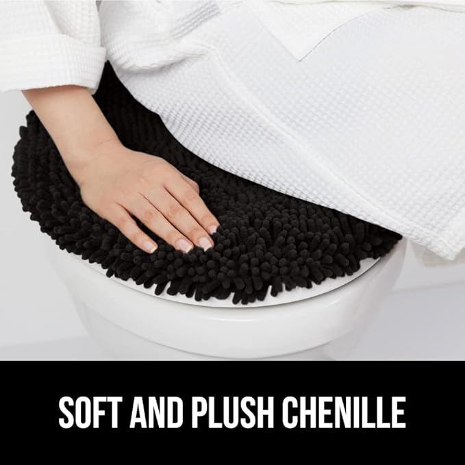 GORILLA GRIP Soft Chenille Bathroom Toilet Lid Cover, Machine Washable Seat Covers, 19.5x18.5, Stays in Place Rubber Backing, Fits Most Round, Elongated and Oblong Lids, Accessories Decor, Black