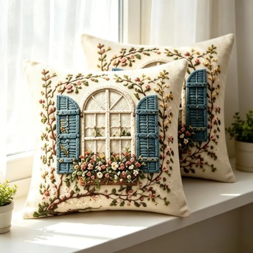 2D Flat French Arch Window Floral Linen Throw Pillow Covers 18x18 Set of 2 - Image 4