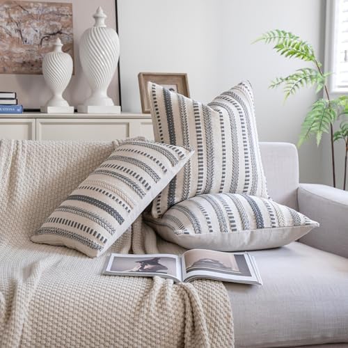 Cethom Grey Boho Throw Pillow Covers 18x18 Inch Set of 2, Stripe Textured - Image 5