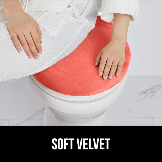 GORILLA GRIP Thick Memory Foam Bathroom Toilet Lid Seat Cover, Soft Velvet Topside, Machine Wash, Plush Cushioned Covers Fits Most Size Lids, Decorative Bath Room Accessories, 19.5x18.5, Coral
