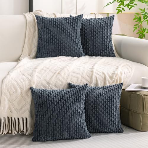 Set of 4 Grey Blue Decorative Throw Pillow Covers 22x22 Inch Corduroy Pillow - Image 2